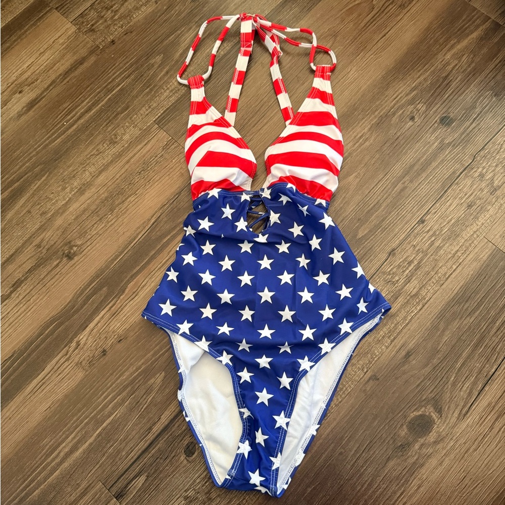 NWOT American Flag Plunge Strappy One Piece Swimsuit - Picture 5 of 14